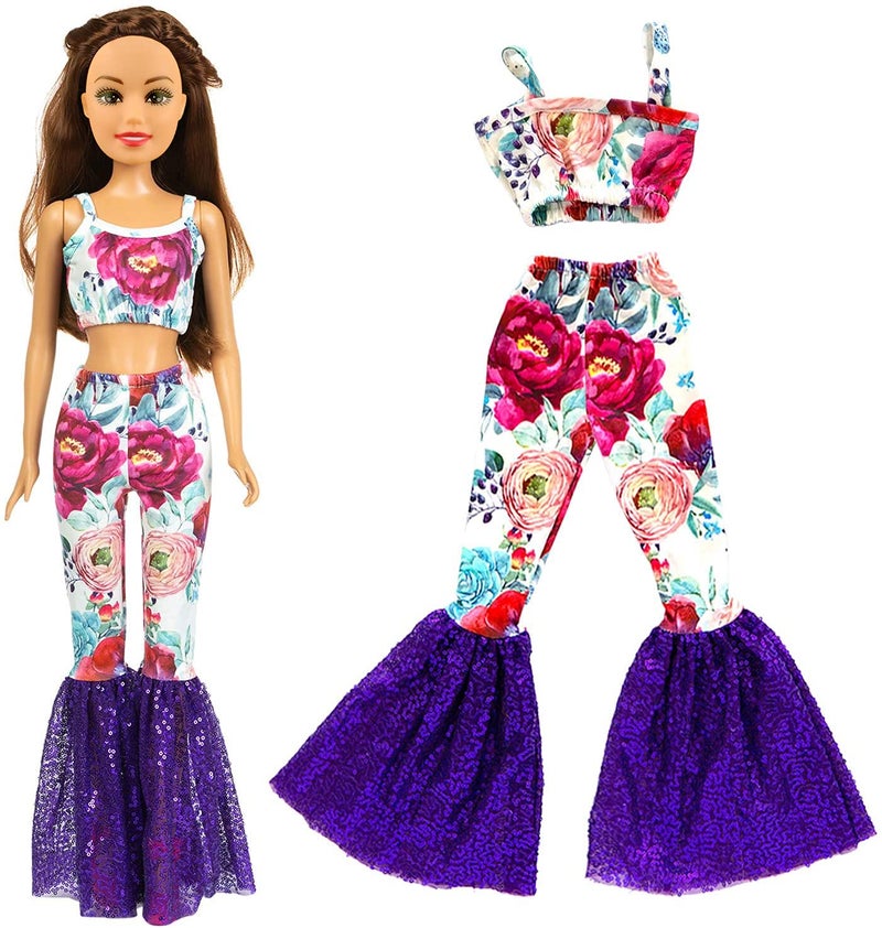 ZITA ELEMENT 3 Sets Fashion 28 Inch Girl Doll Clothes Dress Outfits - Quality Casual Wear Clothes Set, Fashion Sun Flower Off Shoulder Dress and Sequined Flared Pants for 28 Inch Girl Doll Clothing - Image 3